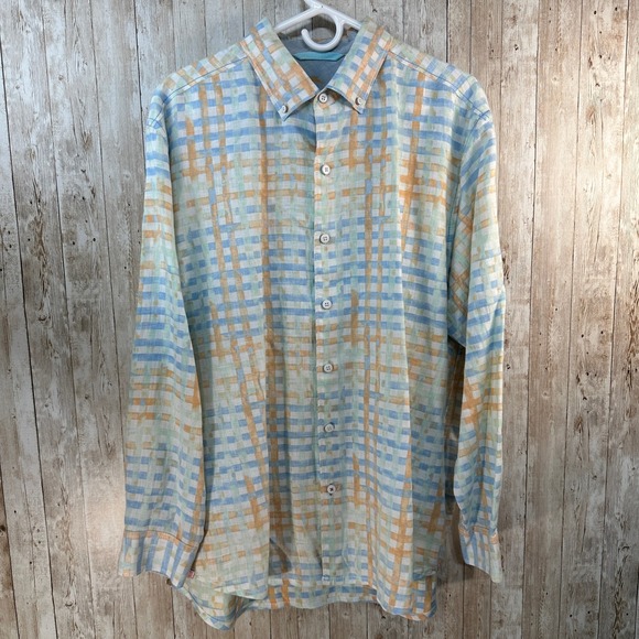 Tommy Bahama Other - Tommy Bahama Relax 100% Linen Button Down Shirt Men's Large Blue Orange Plaid